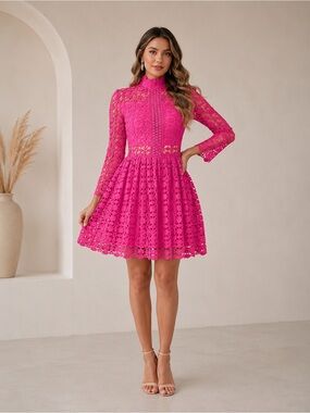 NEW - Elegant Hot Pink Women Stand Collar Flared Sleeve Hollow Lace‎